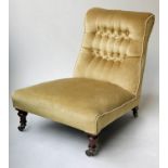 NURSING CHAIR, Victorian walnut with primrose yellow velvet upholstery with rope piping and turned
