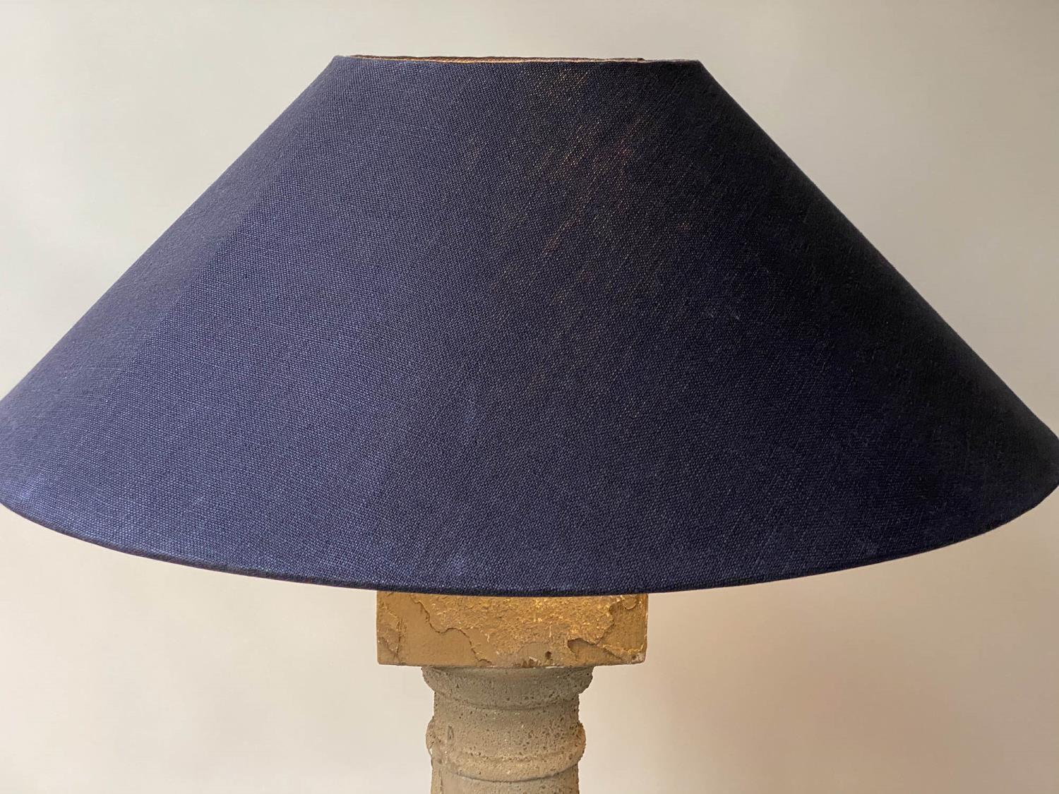 LAMP AND TABLE, distressed architectural baluster, grey gesso column, with linen 'coolie' shade, - Image 6 of 6