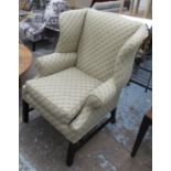 WING ARMCHAIR, with grey, turquoise and black patterned upholstery, 88cm W x 113cm H.