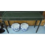 CONSOLE TABLE, green painted with gilt banding, glass top, 138cm x 41cm x 84cm.