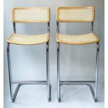 MARCEL BREUER INSPIRED CESSCA STYLE BAR STOOLS, a pair, cane panelled with chromium supports,