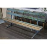 GARDEN BENCH, distress blue painted teak on iron supports, 183cm W.