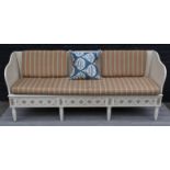 SOFA, 20th century Swedish style painted and floret carved with striped squab cushions, 84cm H x