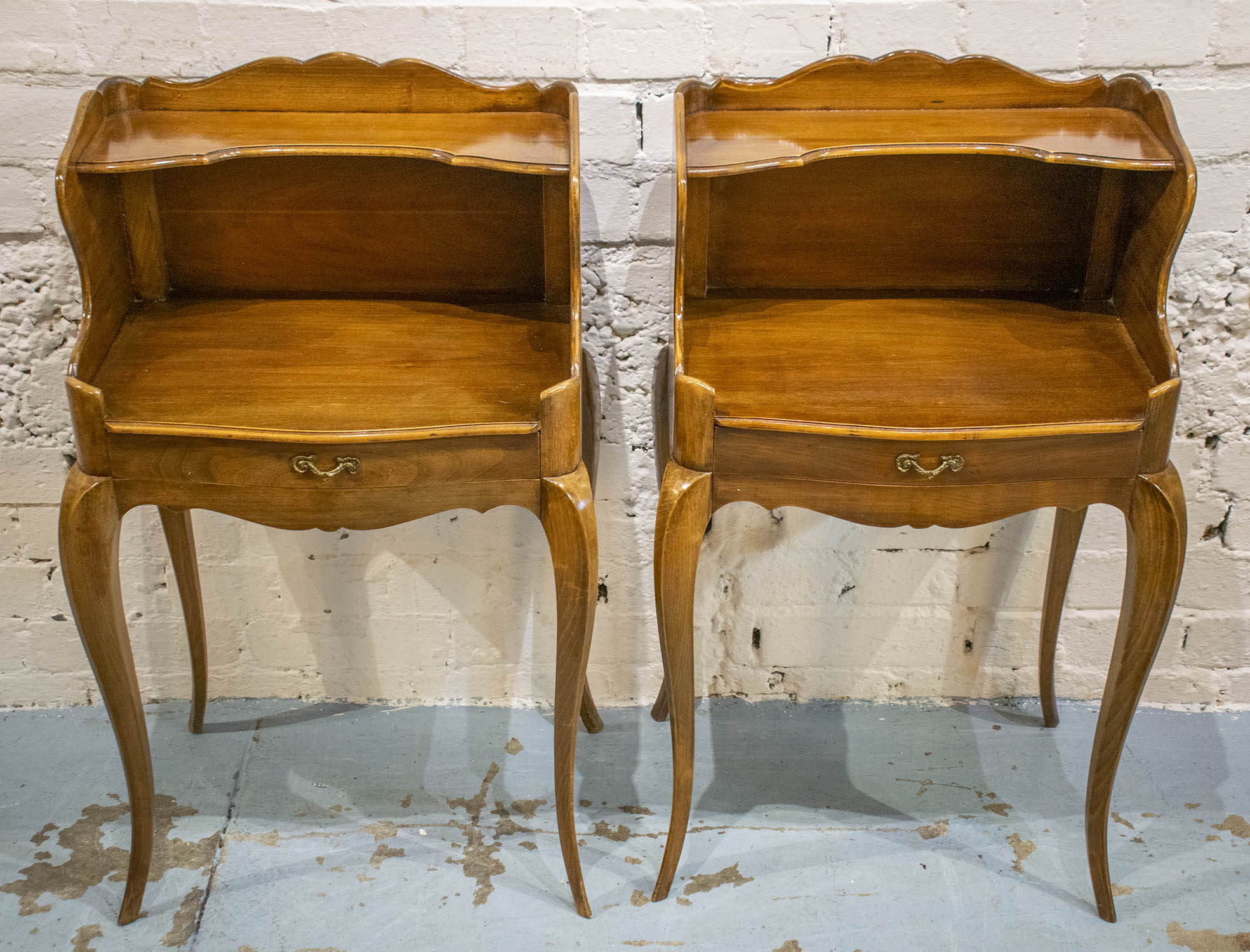 TABLES DE NUIT, Louis XV style fruit and beechwood, each with single drawer, 77cm H x 46cm W x