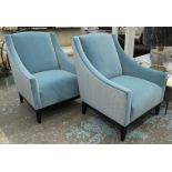 ARMCHAIRS, a pair, contemporary design blue velvet upholstered with contrasting patterned fabric