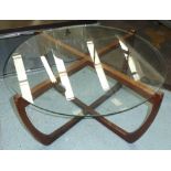 LOW TABLE, vintage 1960's teak base with glass top, 81cm diam x 41cm H.
