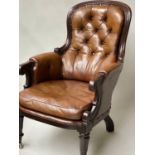 LIBRARY ARMCHAIR, early Victorian mahogany, with hand dyed tobacco brown leather, buttoned back,