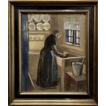 HARALD ESSENDROP (1901-1978) 'Kitchen Scene with Woman', oil on board, 31cm x 25cm, signed with