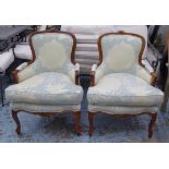 FAUTEUILS, a pair, French style, each with light blue and cream foliate patterned upholstery and a