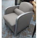 RECLINING ARMCHAIR, Art Deco painted framed with beige upholstery, studded decoration and a