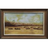 JOHN KYNNERSLEY KIRBY (1894-1962) 'Waterloo Bridge', oil on board, 18cm x 33cm, signed and framed.