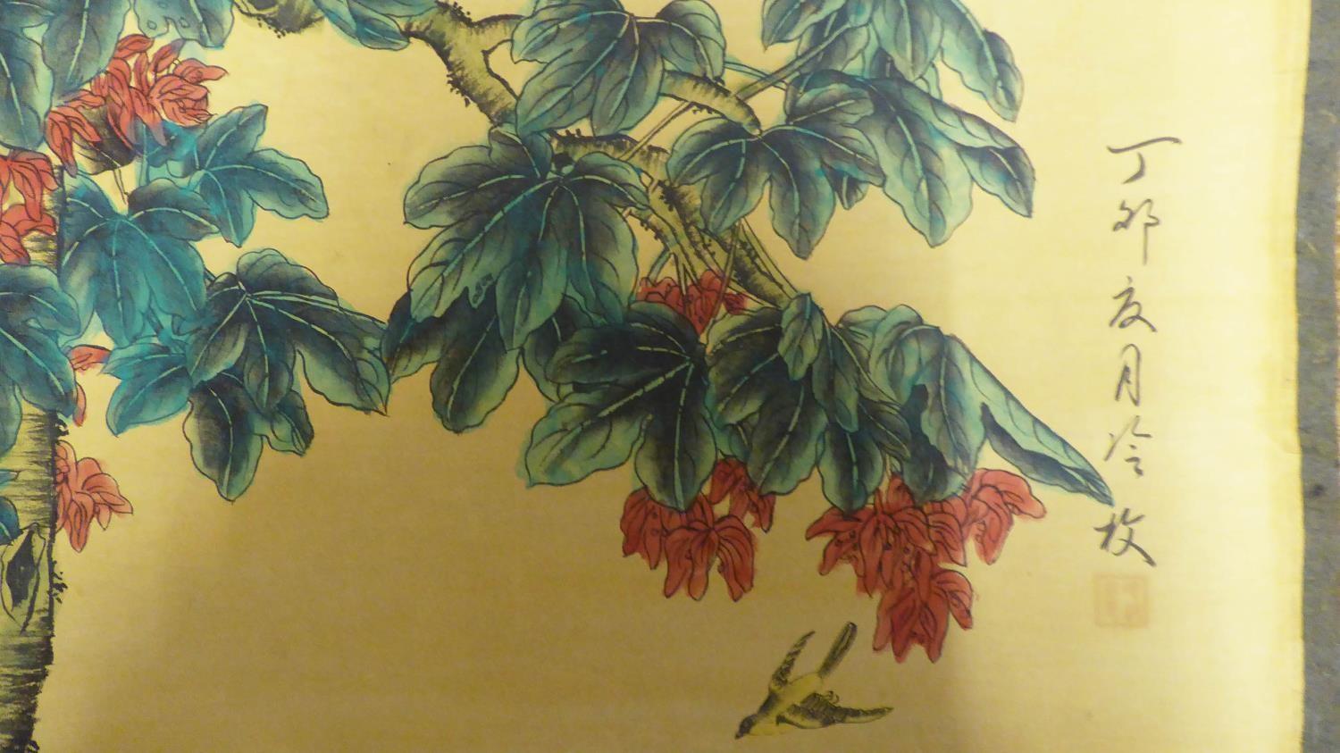 CHINESE SCHOOL 'Birds in a Tree', watercolour on paper glued on paper scroll, 170cm x 60cm. - Image 2 of 3