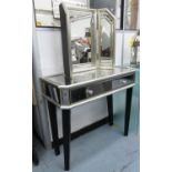 VANITY SET, including dressing table with a mirrored silvered frame and triple folding mirror,