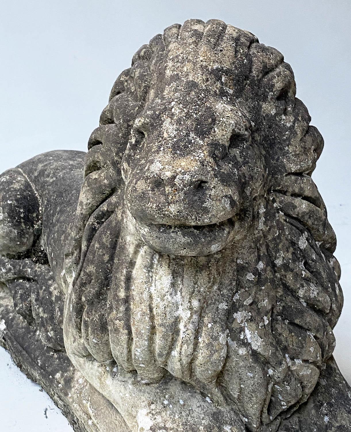 GARDEN/GATE LIONS, a pair, opposing reconstituted stone of lions recumbent, 41cm H x 59cm. (2) - Image 2 of 5