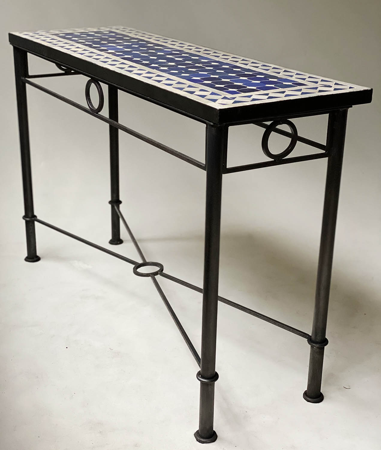 CONSOLE TABLE, Spanish, rectangular blue/white tiled on wrought iron support, 121cm W x 40cm D - Image 2 of 7