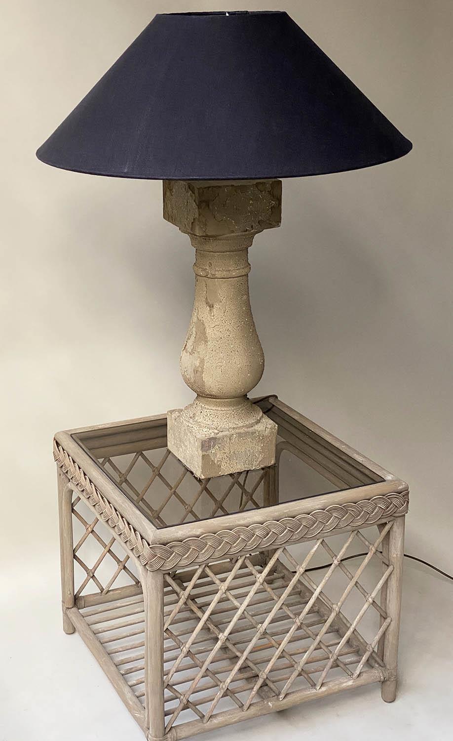 LAMP AND TABLE, distressed architectural baluster, grey gesso column, with linen 'coolie' shade, - Image 2 of 6