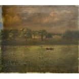 HUGH KNYVET (19th century) 'Kirby Cane - landscape with country house, lake and boat', oil on