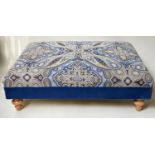 HEARTH STOOL, country house style, rectangular, yellow and blue woven with turned feet, 92cm D x