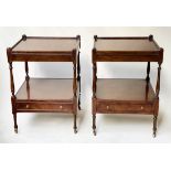 LAMP TABLES, a pair, George III style mahogany, each galleried, with drawer and turned supports,