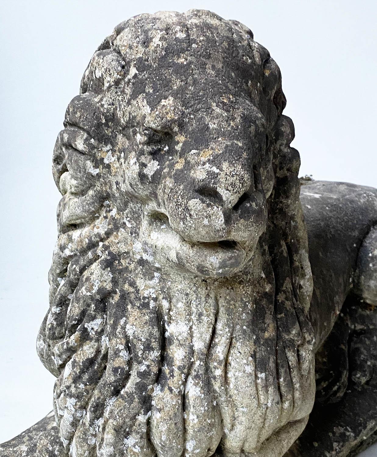 GARDEN/GATE LIONS, a pair, opposing reconstituted stone of lions recumbent, 41cm H x 59cm. (2) - Image 5 of 5