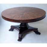 BREAKFAST TABLE, William IV circular flame mahogany with tilting radial veneer top on quadraped