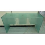 GLASS CONSOLE TABLE, with three rotating, square open compartments below, 143cm W x 81cm H x 45cm D.