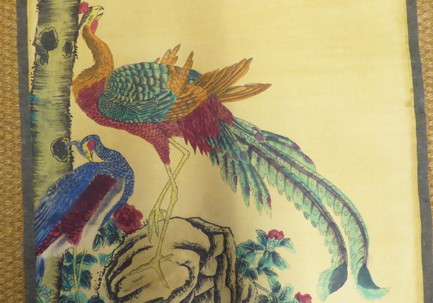 CHINESE SCHOOL 'Birds in a Tree', watercolour on paper glued on paper scroll, 170cm x 60cm. - Image 3 of 3