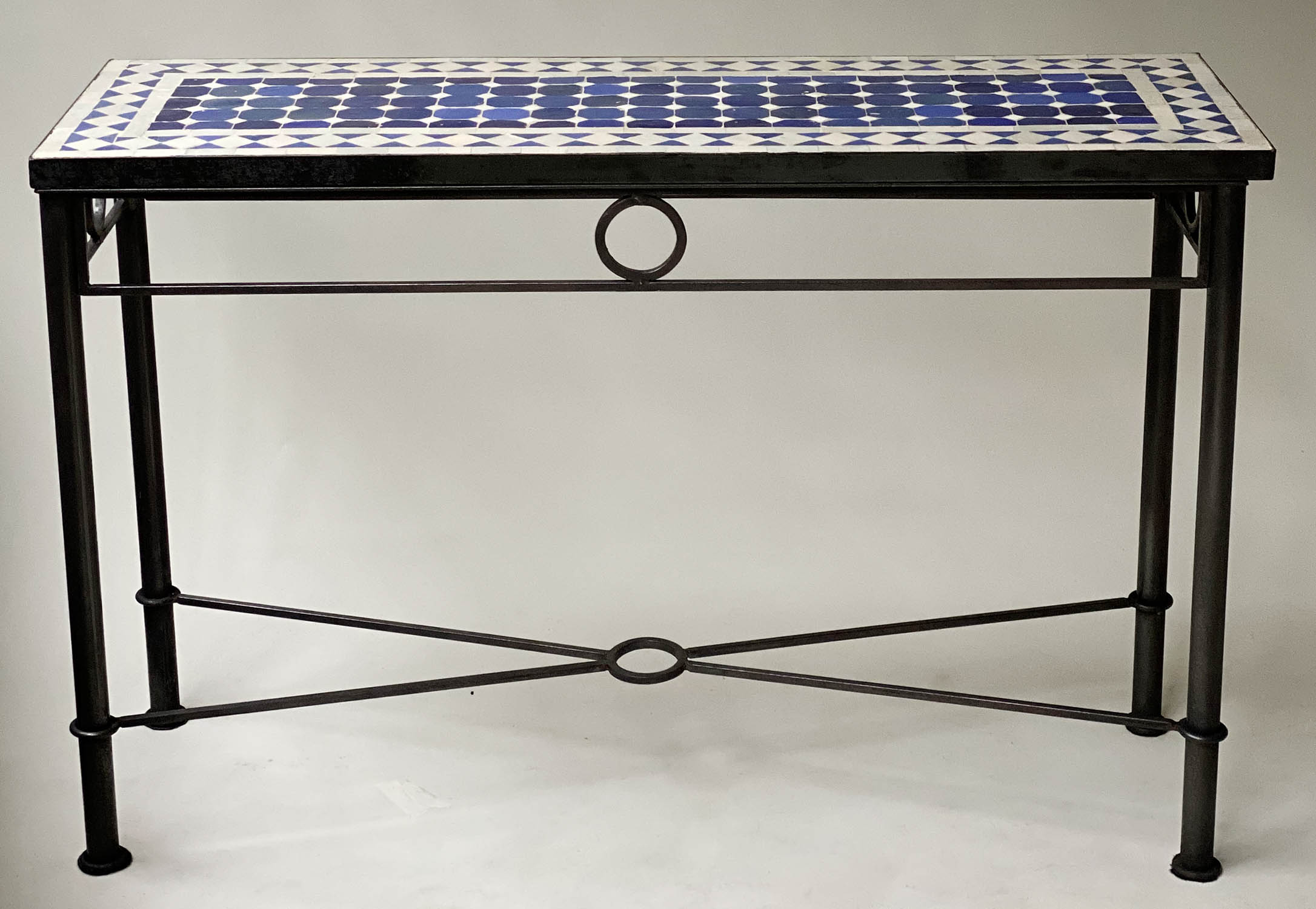 CONSOLE TABLE, Spanish, rectangular blue/white tiled on wrought iron support, 121cm W x 40cm D - Image 7 of 7