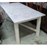 TABLE, the white marble top on a cream painted base, 85cm x 76cm H x 180cm L.