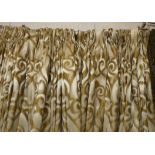 CURTAINS, a pair, of large proportions in a patterned woven fabric lined and interlined, each