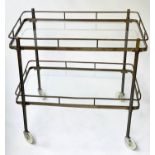 TROLLEY, mid 20th century bronze framed with two galleried glass shelves and castors, 75cm x 50cm