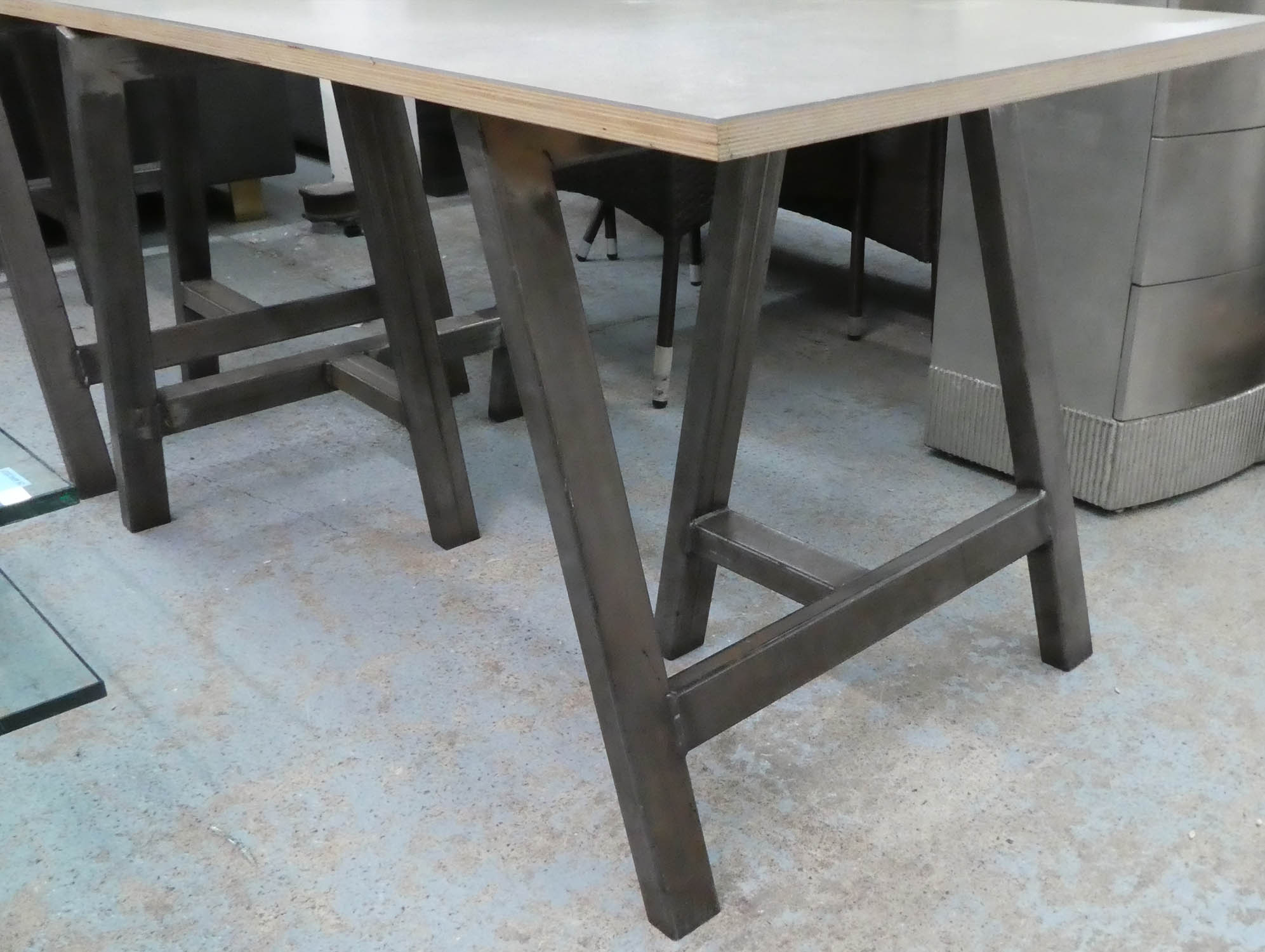 TRESSEL TABLE, contemporary bespoke steel tressels, with plywood top, 137.5cm x 73cm x 75cm. - Image 2 of 5