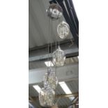 CHANDELIER, contemporary design, five branch with crystal detail in glass shades, 130cm drop. (one