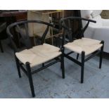 AFTER HANS J WEGNER WISHBONE STYLE CHAIRS, a pair, ebonised finish, 57cm W. (2)