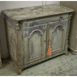 SIDE CABINET, 19th century German painted pine with drawer, later handles and two doors, 85cm H x