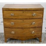 BOWFRONT CHEST, George III mahogany and boxwood strung containing three drawers (restorations), 88cm