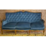 CANAPE, Louis XV style with three seat cushions in turquoise blue velour, 185cm W.