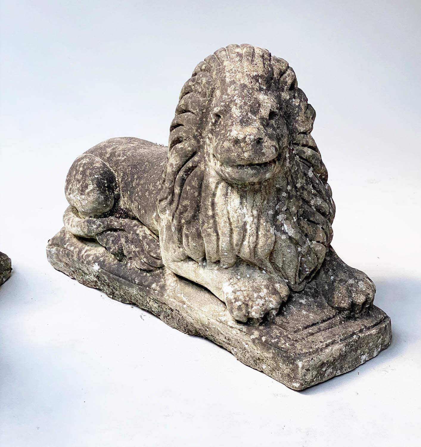 GARDEN/GATE LIONS, a pair, opposing reconstituted stone of lions recumbent, 41cm H x 59cm. (2) - Image 3 of 5