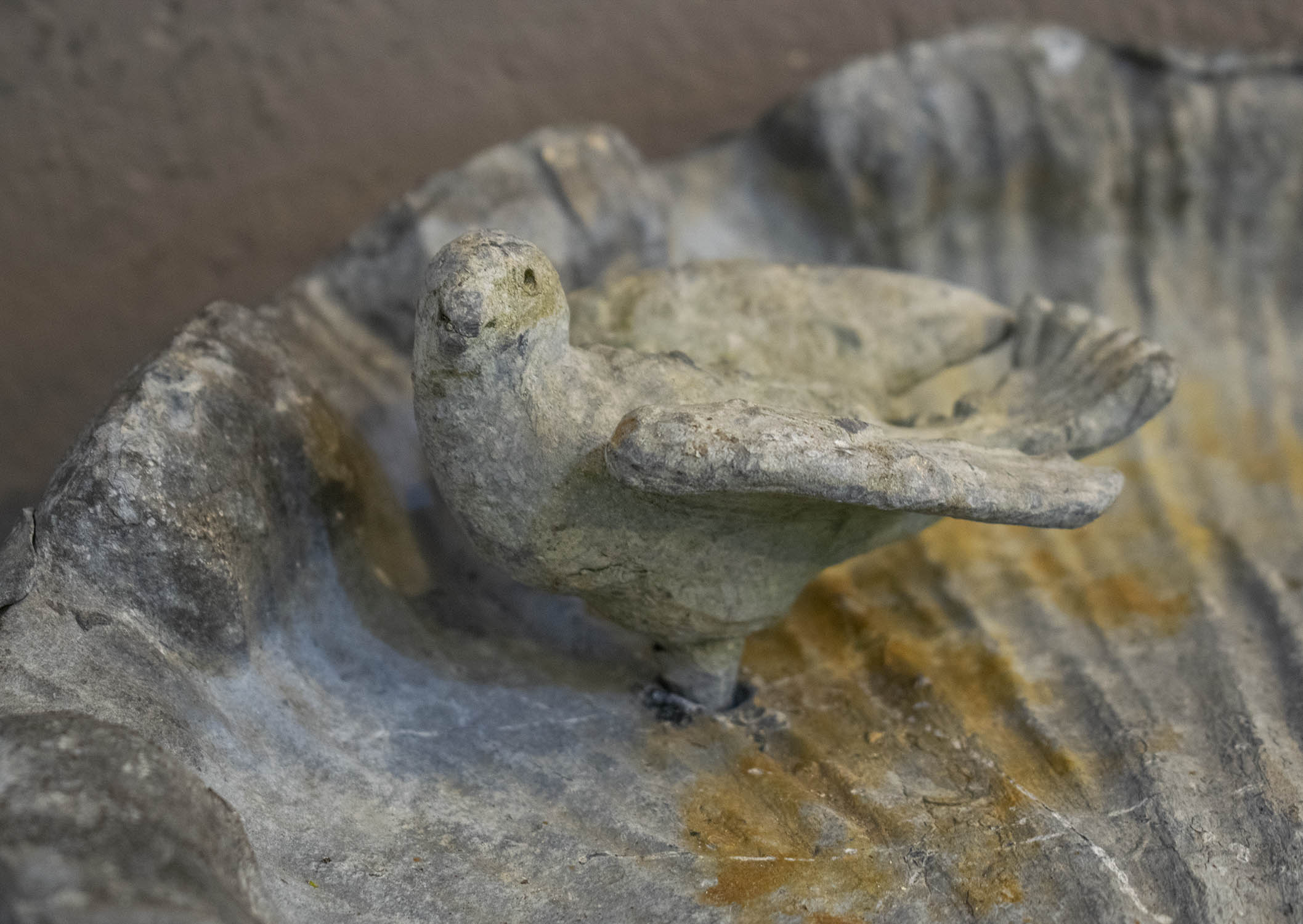 BIRD BATHS, lead of scallop shell form on rocky bases, 17cm H x 36cm x 36cm. (2) - Image 2 of 3