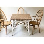 ERCOL CHAIRS, two elm/beech stick back chairs (one with arms), together with another similar (