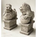 GARDEN DOGS OF FOO, an opposing pair, weathered, reconstituted stone with Greek key and lion