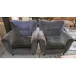 ARMCHAIRS, a pair, mid 20th century style blue velvet, 88cm W. (2) (with faults)