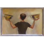 20th CENTURY SCHOOL 'Boy Holding two Bowls', oil on canvas, 124cm x 105cm, framed.