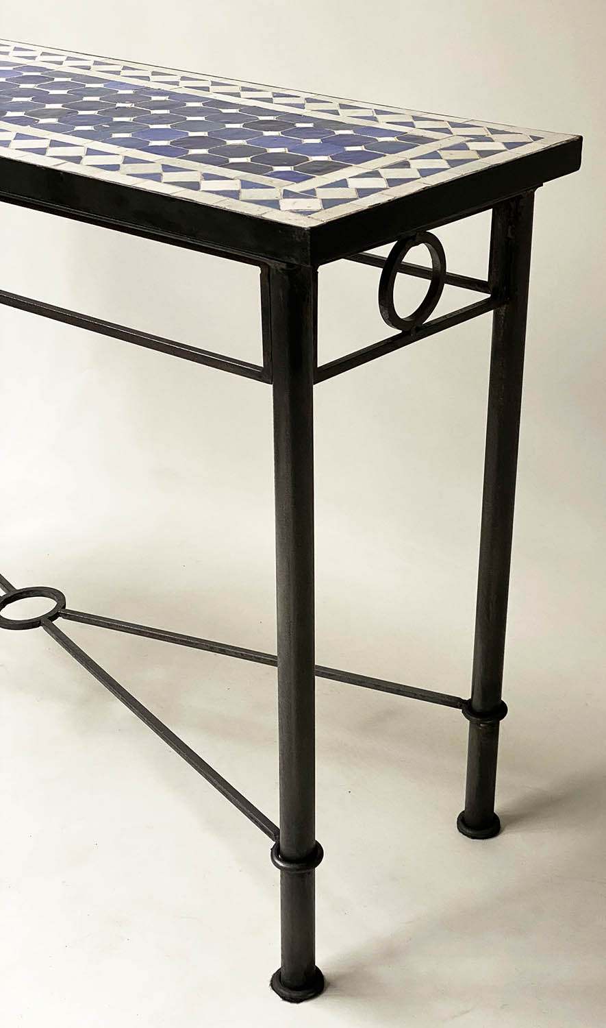 CONSOLE TABLE, Spanish, rectangular blue/white tiled on wrought iron support, 121cm W x 40cm D - Image 3 of 7