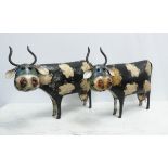 CONTEMPORARY SCHOOL, sculptural cows, polychrome metal, each stand at 39cm H. (2)