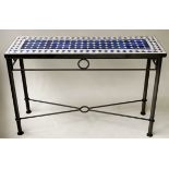 CONSOLE TABLE, Spanish, rectangular blue/white tiled on wrought iron support, 121cm W x 40cm D