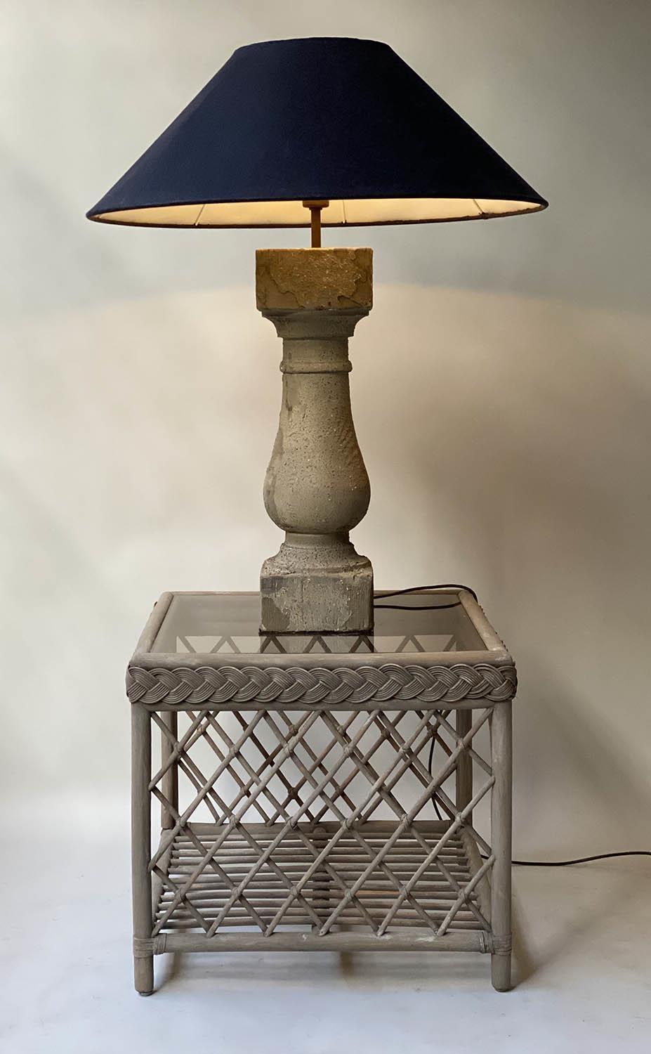 LAMP AND TABLE, distressed architectural baluster, grey gesso column, with linen 'coolie' shade,