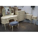 BEDROOM SUITE, cream finish comprising a five drawer dressing table 147cm H x 66cm, velvet stool,