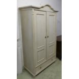 ARMOIRE, 19th century French grey painted with an arched top and two panelled doors enclosing double