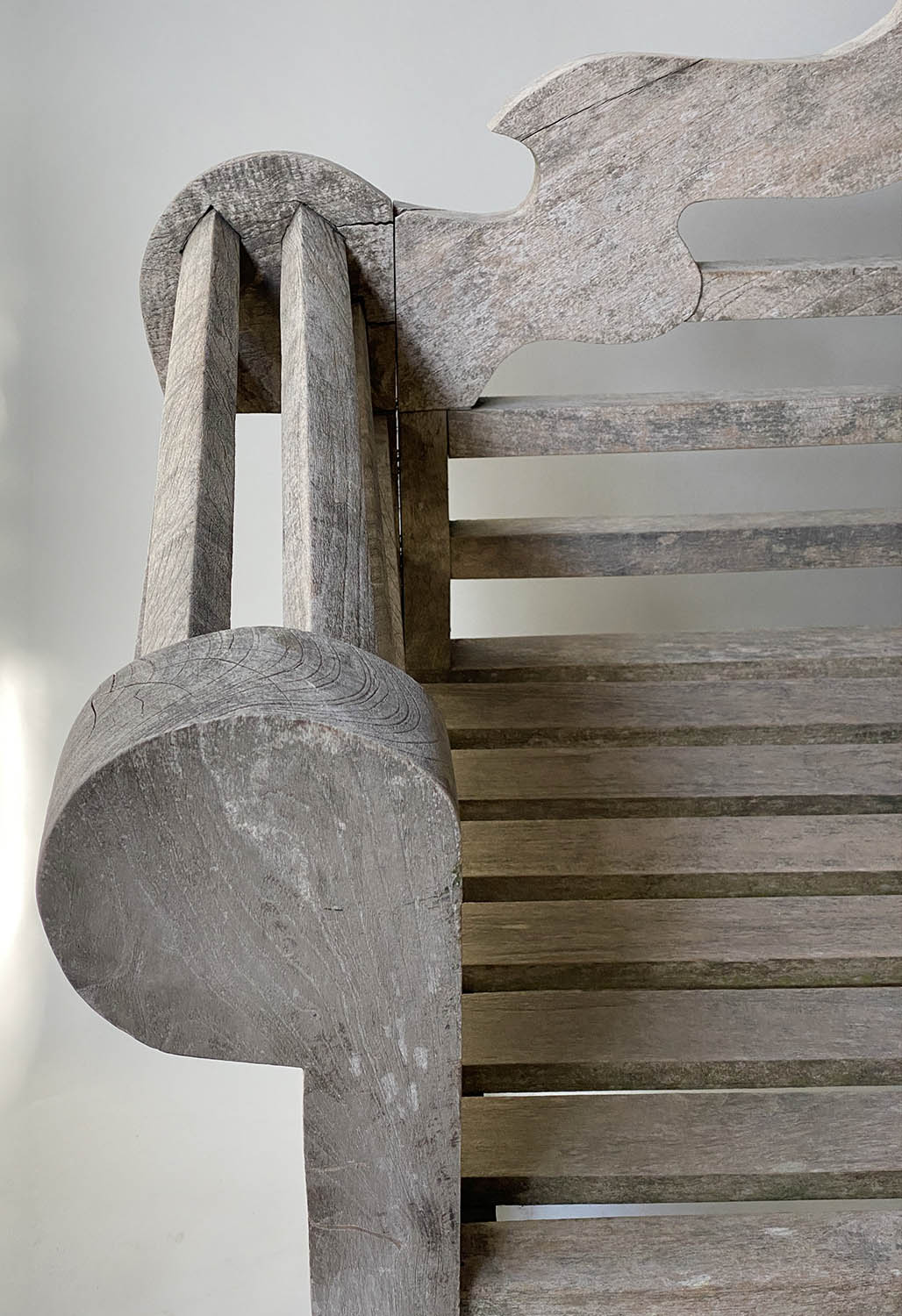 LUTYENS STYLE GARDEN BENCH, silvery weathered teak and of substantial slatted construction after a - Image 3 of 5